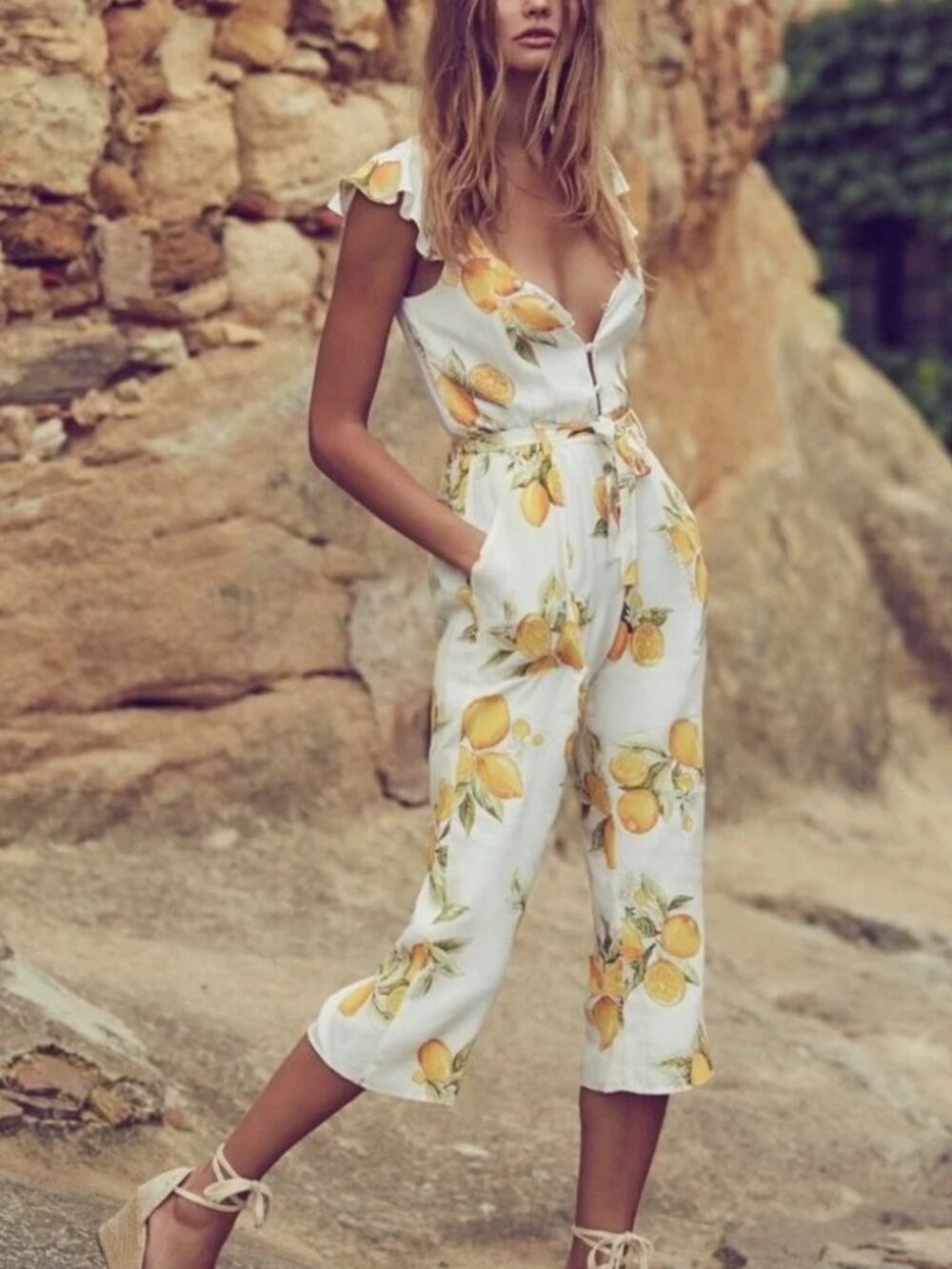 For Love & Lemons Limonada Jumpsuit Tie Waist | White + Yellow | Small (S) | NWT